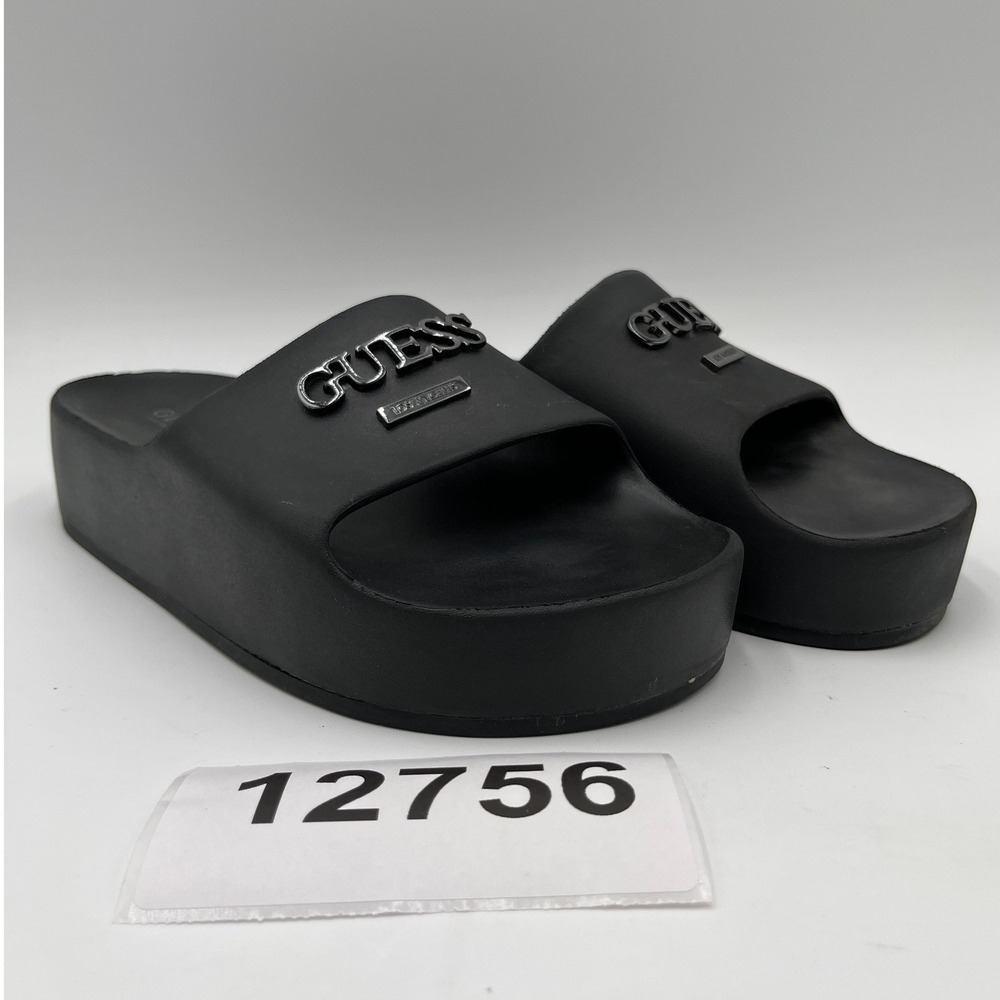 Guess Wgprims Platform Slides Sandals Womens 10M Black Rubber Logo Slip On